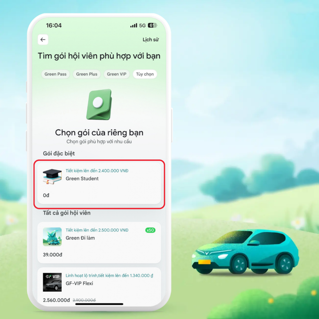 Lối tắt trong màn hình Gói Hội Viên Green Student