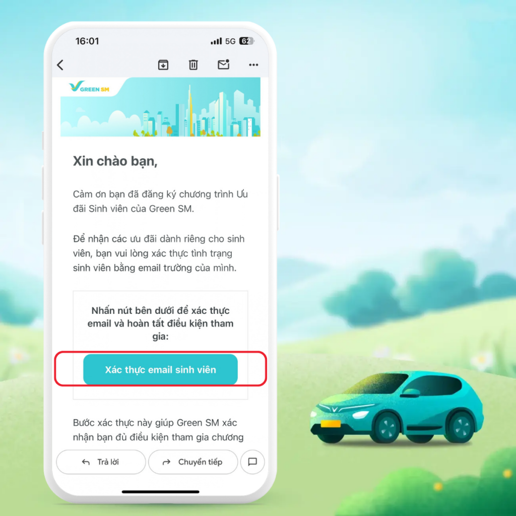 Truy cập hộp thư của email trường và tìm email xác nhận từ Green SM. 